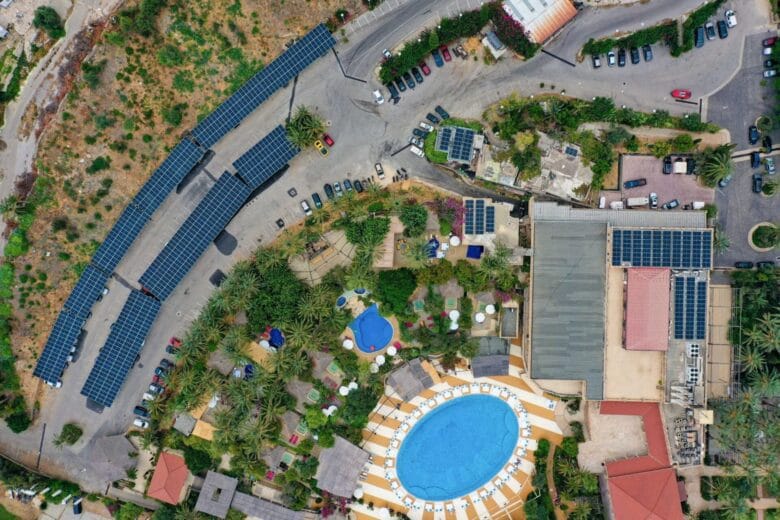Aerial view of hybrid solar power plant in Lebanon [header image]