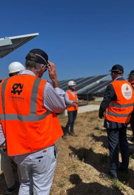 Aerial shot of a large solar installation in Mallemort, France, part of a citizen-led renewable energy project.